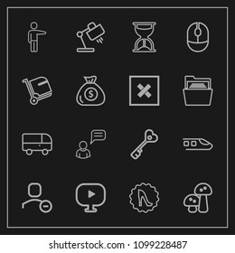 Modern, simple vector icon set on dark background with house, timer, nature, pointing, hour, chat, sand, edible, sign, fashion, delete, home, user, account, transportation, video, key, bus, hand icons