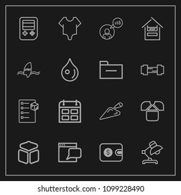 Modern, simple vector icon set on dark background with chat, communication, wallet, construction, work, freelancer, money, computer, interior, box, bodysuit, technology, cargo, supermarket, web icons