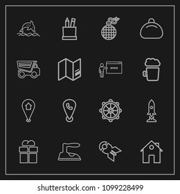 Modern, simple vector icon set on dark background with weapon, ocean, rudder, ironing, nautical, dolphin, gift, map, war, domestic, rocket, mobile, wheel, iron, falling, danger, property, bomb icons