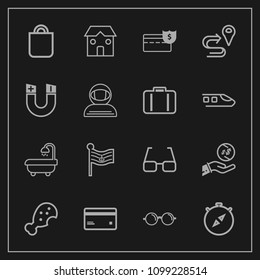Modern, simple vector icon set on dark background with flag, people, gift, modern, compass, celebration, coin, cash, bag, present, debit, building, white, money, location, food, north, south icons