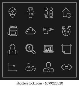Modern, simple vector icon set on dark background with internet, worker, bulb, message, electric, office, graphic, gym, lamp, sport, energy, employer, web, employee, paper, computer, standing icons
