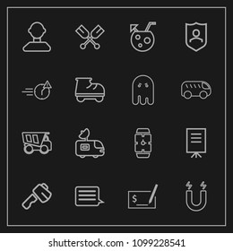 Modern, simple vector icon set on dark background with male, cocktail, oar, drink, people, canoe, tipper, pole, tool, sign, pen, message, internet, magnetic, hammer, television, axe, water, dump icons