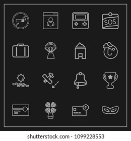 Modern, simple vector icon set on dark background with sunrise, sea, plane, bell, carnival, morning, male, landscape, sun, addiction, arrow, ring, nature, masquerade, award, airplane, sign, tape icons