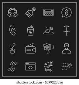 Modern, simple vector icon set on dark background with window, music, equipment, growth, man, business, label, brush, paintbrush, purse, technology, paddle, record, computer, audio, camera, boy icons
