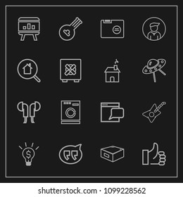 Modern, simple vector icon set on dark background with appliance, success, chart, white, web, string, internet, speech, musical, up, concept, office, communication, folk, technology, file, paper icons