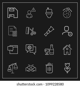 Modern, simple vector icon set on dark background with spring, home, garbage, building, measurement, message, holiday, architecture, flower, weight, alarm, mobile, chat, computer, estate, bubble icons