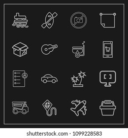 Modern, simple vector icon set on dark background with transport, vehicle, fun, ship, dump, plane, store, human, joy, car, truck, document, airplane, tree, flight, aircraft, palm, travel, boat icons