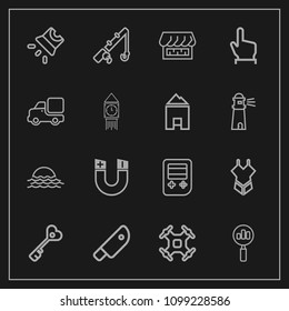 Modern, simple vector icon set on dark background with sign, woman, web, drone, nature, cut, white, button, swimsuit, field, magnetic, summer, fashion, projection, shop, screen, house, find, sun icons