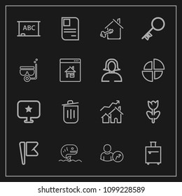Modern, simple vector icon set on dark background with trip, bin, white, card, travel, chalkboard, account, blackboard, estate, background, personal, seafood, luggage, door, key, flag, computer icons