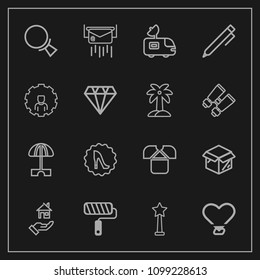 Modern, simple vector icon set on dark background with parasol, heart, white, paint, medal, shirt, sun, frame, van, mail, search, new, magnifying, post, success, house, love, cardboard, tv, roll icons