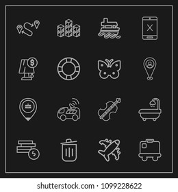 Modern, simple vector icon set on dark background with bin, satellite, baggage, location, work, airport, bag, coin, sea, vehicle, cello, navigation, warehouse, industrial, distribution, map, car icons