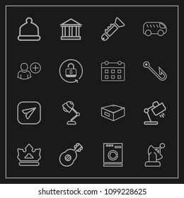 Modern, simple vector icon set on dark background with fashion, guitar, electricity, internet, musical, interior, tourism, laundry, earth, white, head, communication, message, greek, europe, sky icons