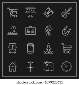 Modern, simple vector icon set on dark background with musical, music, glasses, rocket, forbidden, architecture, cell, building, location, map, transport, pub, science, bar, shop, road, travel icons