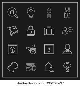 Modern, simple vector icon set on dark background with work, real, shipping, delivery, internet, tobacco, location, extreme, parachute, sign, unknown, clock, estate, clothing, vehicle, skater icons