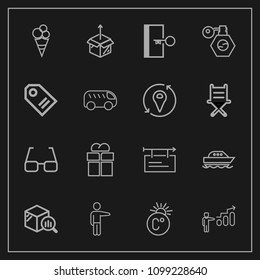 Modern, simple vector icon set on dark background with eye, success, billboard, escape, statistic, trend, finance, yacht, sign, new, gift, pointing, personal, temperature, hand, development, box icons
