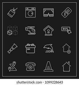 Modern, simple vector icon set on dark background with telephone, night, route, home, gift, wear, wildlife, sky, new, building, cell, ladder, astronomy, ocean, step, dolphin, fashion, washer, up icons