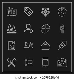 Modern, simple vector icon set on dark background with zoom, helm, communication, object, ship, craft, tag, celebration, event, office, bag, festival, post, radio, fashion, business, mobile, sew icons