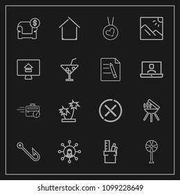 Modern, simple vector icon set on dark background with summer, cooking, necklace, fish, office, modern, sitting, stationery, white, furniture, house, fishing, display, business, palm, equipment icons
