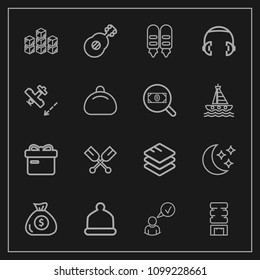 Modern, simple vector icon set on dark background with distribution, internet, moon, ribbon, finance, oar, online, hat, banking, present, sound, information, cooler, headphone, audio, boat, box icons