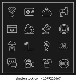 Modern, simple vector icon set on dark background with finance, ocean, wallet, mug, mobile, message, bag, beach, film, summer, phone, drink, video, blue, cup, tv, money, building, swimming, cash icons