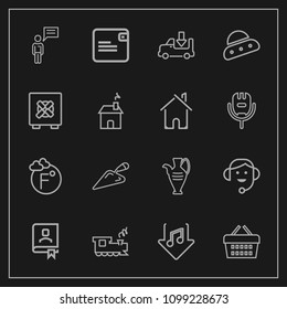 Modern, simple vector icon set on dark background with lorry, fahrenheit, call, travel, decoration, railway, equipment, wallet, transportation, communication, pottery, market, train, purse, vase icons
