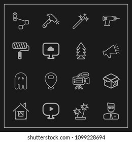 Modern, simple vector icon set on dark background with wand, navigation, hand, tropical, cardboard, point, map, tree, halloween, box, lens, user, account, horror, roll, video, location, house icons