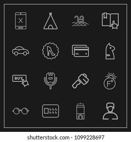 Modern, simple vector icon set on dark background with cord, sign, subscription, man, travel, karaoke, optical, bank, hammer, pool, eye, web, safety, thermometer, camp, music, temperature, male icons