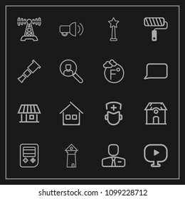 Modern, simple vector icon set on dark background with astronomy, doctor, online, technology, landmark, music, button, sky, people, house, building, home, medal, business, medical, paint, job icons