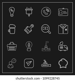 Modern, simple vector icon set on dark background with shop, tv, basket, ocean, tower, food, internet, electric, van, chief, clock, plug, antenna, message, boat, chef, call, creative, sea, email icons