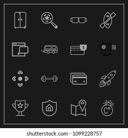Modern, simple vector icon set on dark background with web, debit, temperature, find, science, protection, shuttle, technology, gym, property, win, space, banking, plastic, money, prize, rocket icons