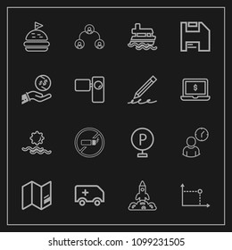 Modern, simple vector icon set on dark background with addiction, rocket, sun, hierarchy, structure, map, no, cigarette, time, business, world, lot, ambulance, rescue, lunch, people, work, space icons