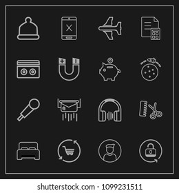 Modern, simple vector icon set on dark background with open, aircraft, internet, message, head, retail, sound, subscription, security, double, cap, travel, music, mail, lock, professional, male icons
