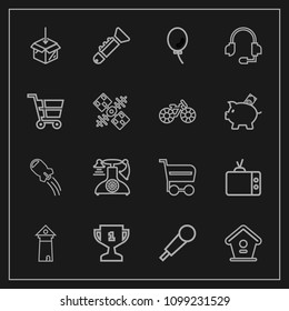Modern, simple vector icon set on dark background with bird, house, jazz, vintage, package, telephone, tv, balloon, musical, first, winner, upload, technology, birdhouse, trolley, sound, karaoke icons