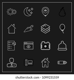 Modern, simple vector icon set on dark background with estate, computer, camera, browser, horizontal, delivery, photographer, package, head, employee, house, phone, home, window, business, cap icons