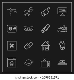 Modern, simple vector icon set on dark background with house, head, property, planet, website, building, fashion, bikini, technology, architecture, estate, woman, hammer, television, swimsuit icons