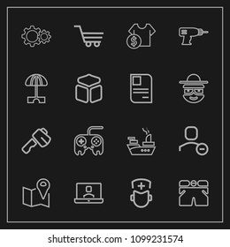 Modern, simple vector icon set on dark background with pin, military, construction, road, screwdriver, shorts, surgeon, hospital, internet, web, user, medicine, location, video, technology, tool icons