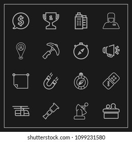 Modern, simple vector icon set on dark background with east, earth, space, note, real, speaker, game, night, public, field, winner, place, north, direction, satellite, pole, first, telescope icons