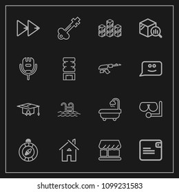 Modern, simple vector icon set on dark background with education, swimming, mask, player, graduation, water, vintage, south, architecture, university, white, wallet, glass, door, rewind, money icons