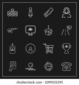 Modern, simple vector icon set on dark background with call, warehouse, help, trolley, technology, sun, operator, suit, first, landscape, morning, television, shop, mobile, account, award, cart icons