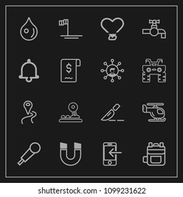 Modern, simple vector icon set on dark background with leather, baja, sound, modern, operation, sky, web, clinic, mexico, button, abstract, surgery, transport, ocean, doctor, location, road, map icons