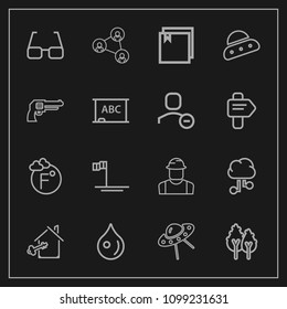 Modern, simple vector icon set on dark background with key, environment, spaceship, tree, screen, drop, file, fahrenheit, builder, person, ufo, estate, landscape, internet, ship, baja, network icons