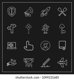 Modern, simple vector icon set on dark background with hand, click, launch, space, mail, envelope, post, male, letter, write, message, pen, shield, encyclopedia, retro, security, internet, music icons