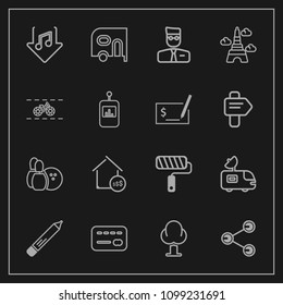 Modern, simple vector icon set on dark background with ball, web, sound, download, transportation, transport, tree, price, money, real, satellite, bowling, estate, delivery, bank, brush, pin, tv icons
