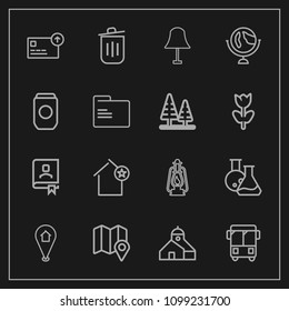 Modern, simple vector icon set on dark background with globe, electricity, speed, transport, currency, trash, construction, book, favorite, home, bus, medicine, transportation, equipment, light icons