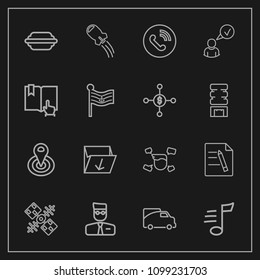 Modern, simple vector icon set on dark background with burger, craft, web, trash, spaceship, rocket, call, file, radius, business, communication, traffic, center, technology, van, document, tune icons