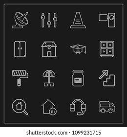 Modern, simple vector icon set on dark background with headset, left, estate, container, ladder, upstairs, tool, sun, move, parasol, downstairs, roller, metal, technology, video, equality, paint icons
