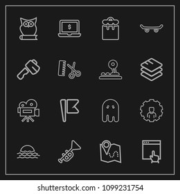 Modern, simple vector icon set on dark background with laptop, click, website, flag, person, bugle, jazz, trumpet, musical, web, travel, road, halloween, scary, video, screen, horror, bird, map icons