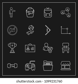 Modern, simple vector icon set on dark background with handle, folder, file, web, interior, hand, fitness, person, sport, curtain, room, workout, white, container, button, profile, clean, people icons