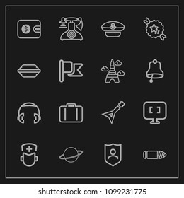Modern, simple vector icon set on dark background with vintage, orbit, white, music, astronomy, planet, guitar, medical, gun, call, wallet, money, captain, bag, hat, military, finance, computer icons