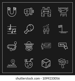 Modern, simple vector icon set on dark background with quad, sea, technology, cartoon, handle, extreme, arrow, character, drink, atv, web, box, speaker, glass, loudspeaker, pole, summer, button icons